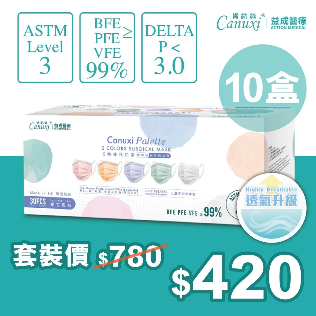 [Flash Sale] [Upgraded Breathability] 10 Boxes X Canuxi Palette 5-Color Surgical Mask ASTM Level 3 ( Individual Pack ) - Made in Hong Kong