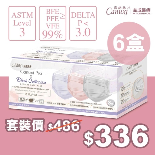 [Flash Sale] 6 Boxes X Canuxi Blush - High Breathability - 3 Colors Mask with Ear Loop ASTM Level 3 (Individual Pack)