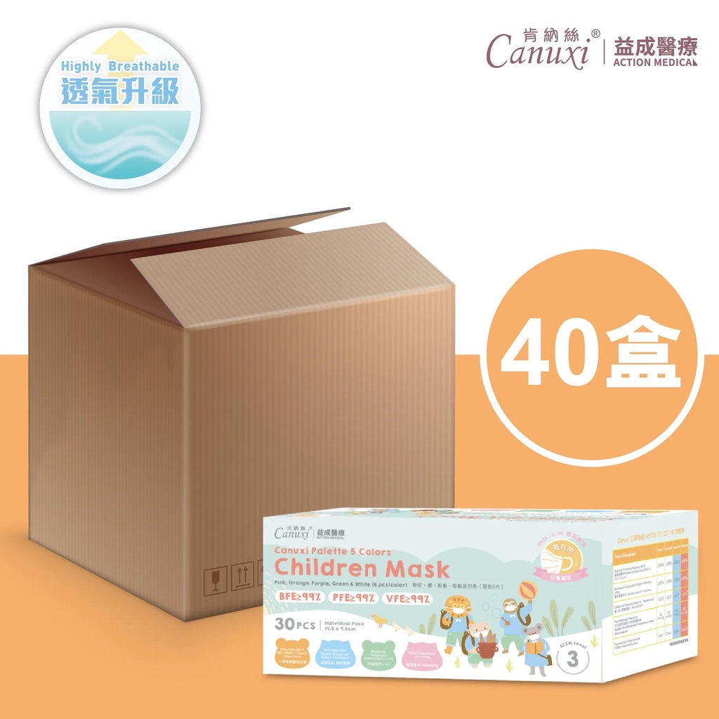 【High Breathability】Made in Hong Kong - 5 Colors Children Mask ASTM Level 3 ( Individual Pack )/ 40 boxes