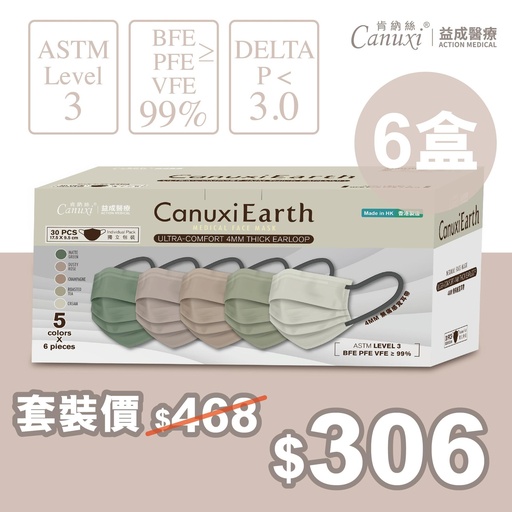 [Flash Sale] 6 Boxes X Canuxi Earth - High Breathability - 5 Colors Mask with Ear Loop ASTM Level 3 (Individual Pack)